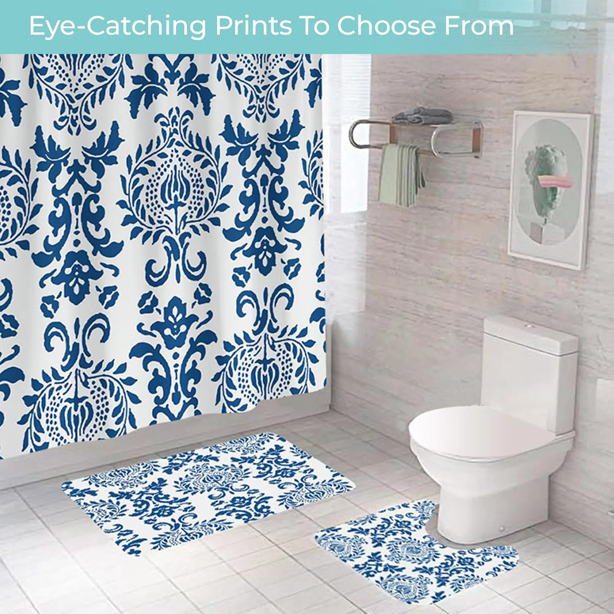 The Better Home Shower Curtain(180*180cm) Bathroom Mat(45*75cm) & U Shaped Mat(45*38cm) | 3Pcs Bathroom Accessories Set | Anti Skid Mat For Bathroom Floor | Water-Poof Polyester Materia- Royal Blue
