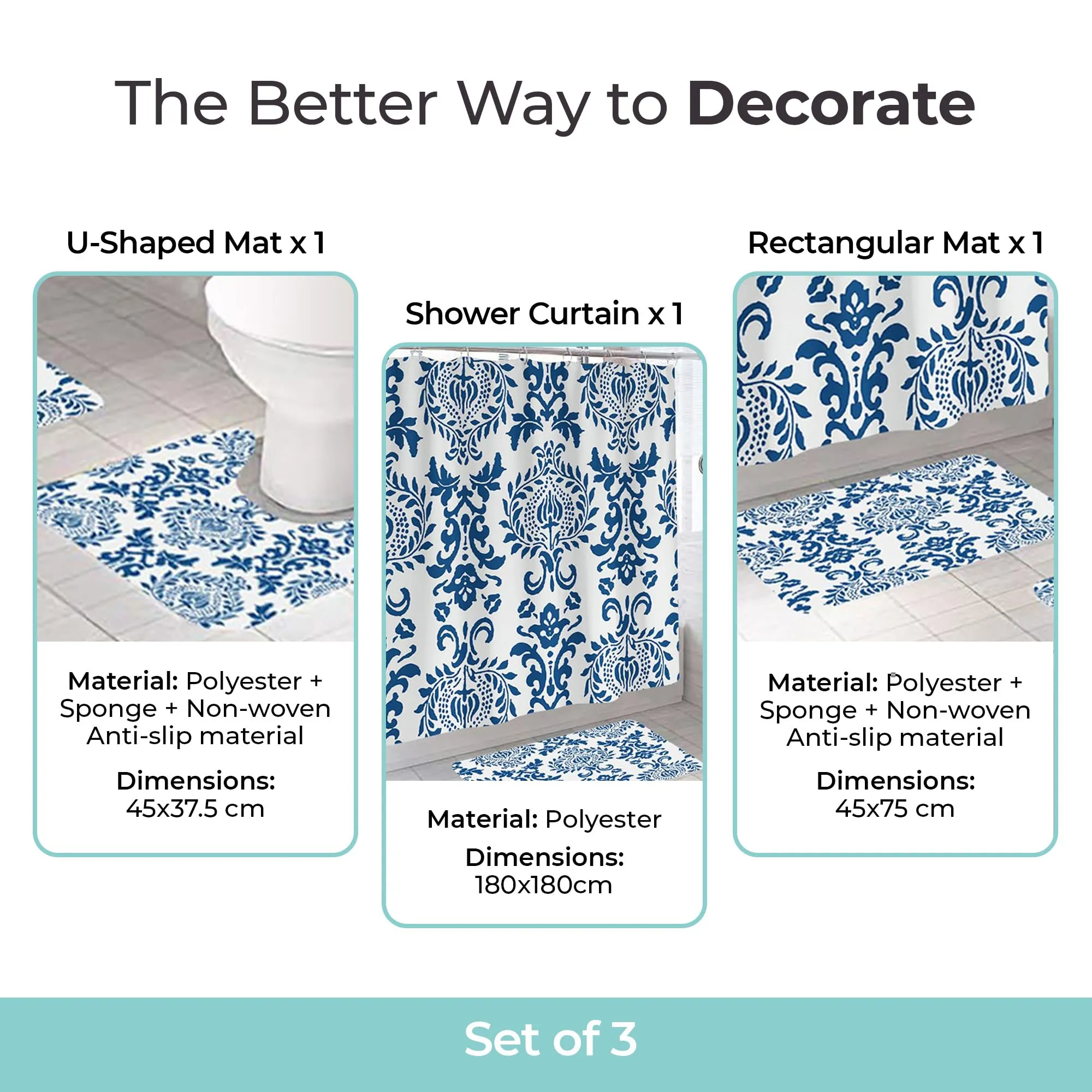 The Better Home Shower Curtain(180*180cm) Bathroom Mat(45*75cm) & U Shaped Mat(45*38cm) | 3Pcs Bathroom Accessories Set | Anti Skid Mat For Bathroom Floor | Water-Poof Polyester Materia- Royal Blue