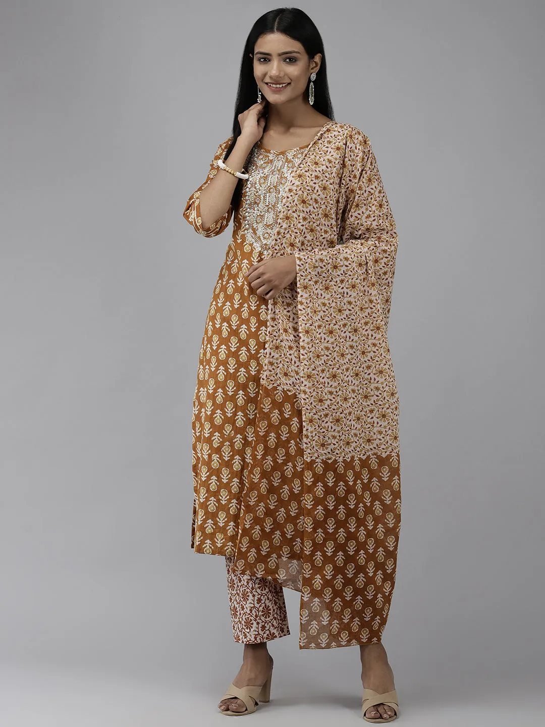 Women Beige Ethnic Motifs Printed Pure Cotton Kurta With Palazzos & With Dupatta