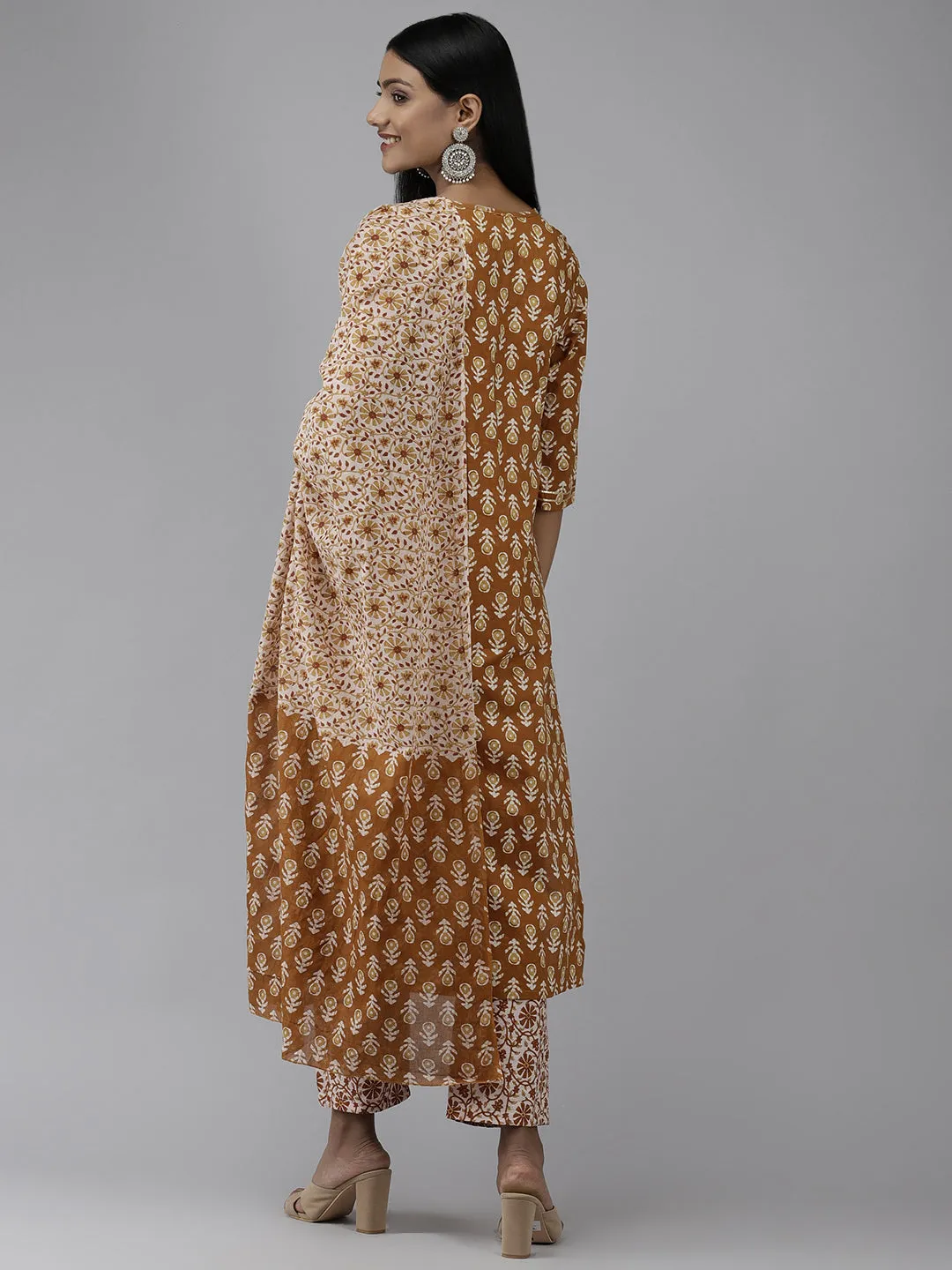 Women Beige Ethnic Motifs Printed Pure Cotton Kurta With Palazzos & With Dupatta