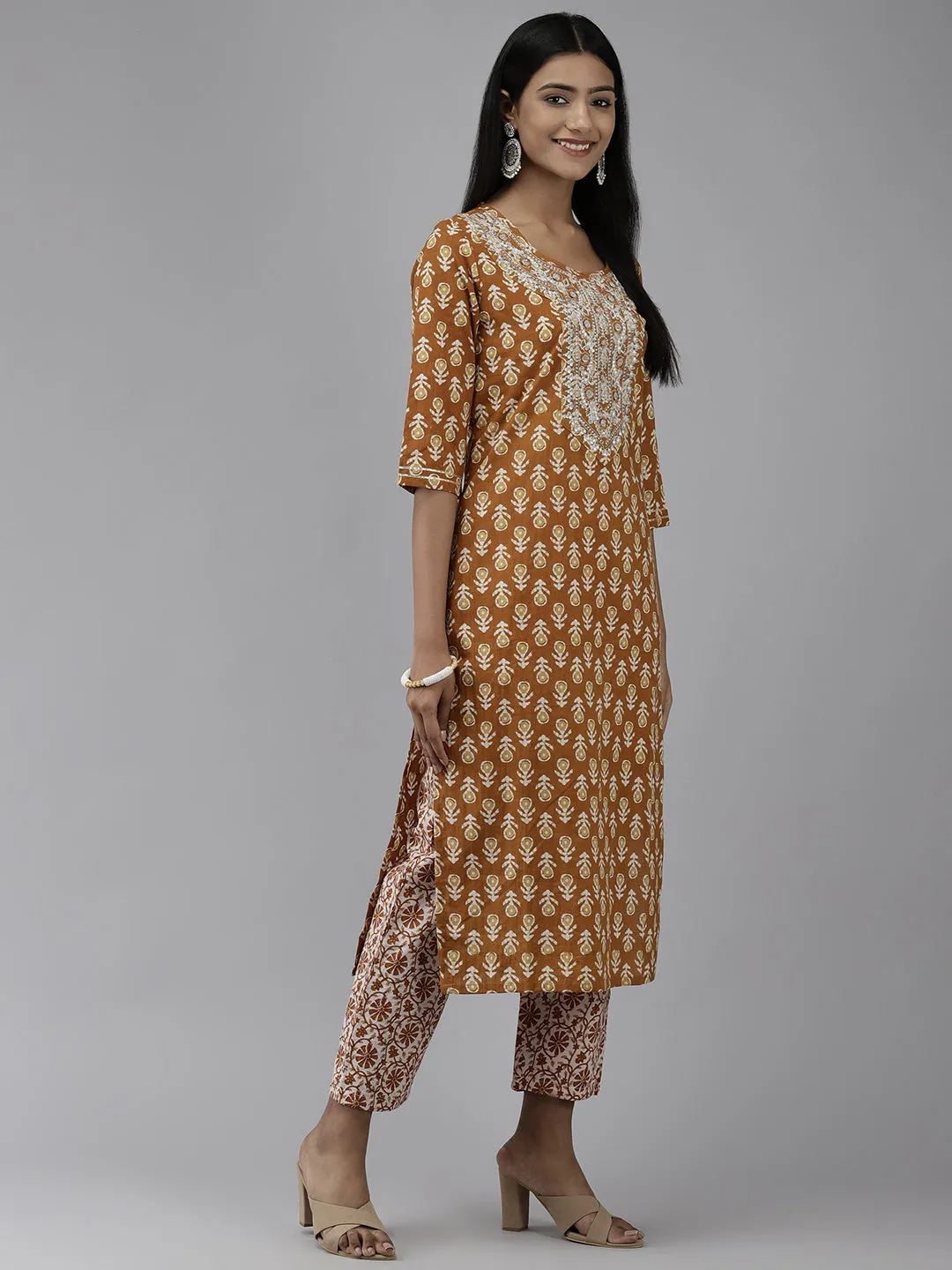 Women Beige Ethnic Motifs Printed Pure Cotton Kurta With Palazzos & With Dupatta