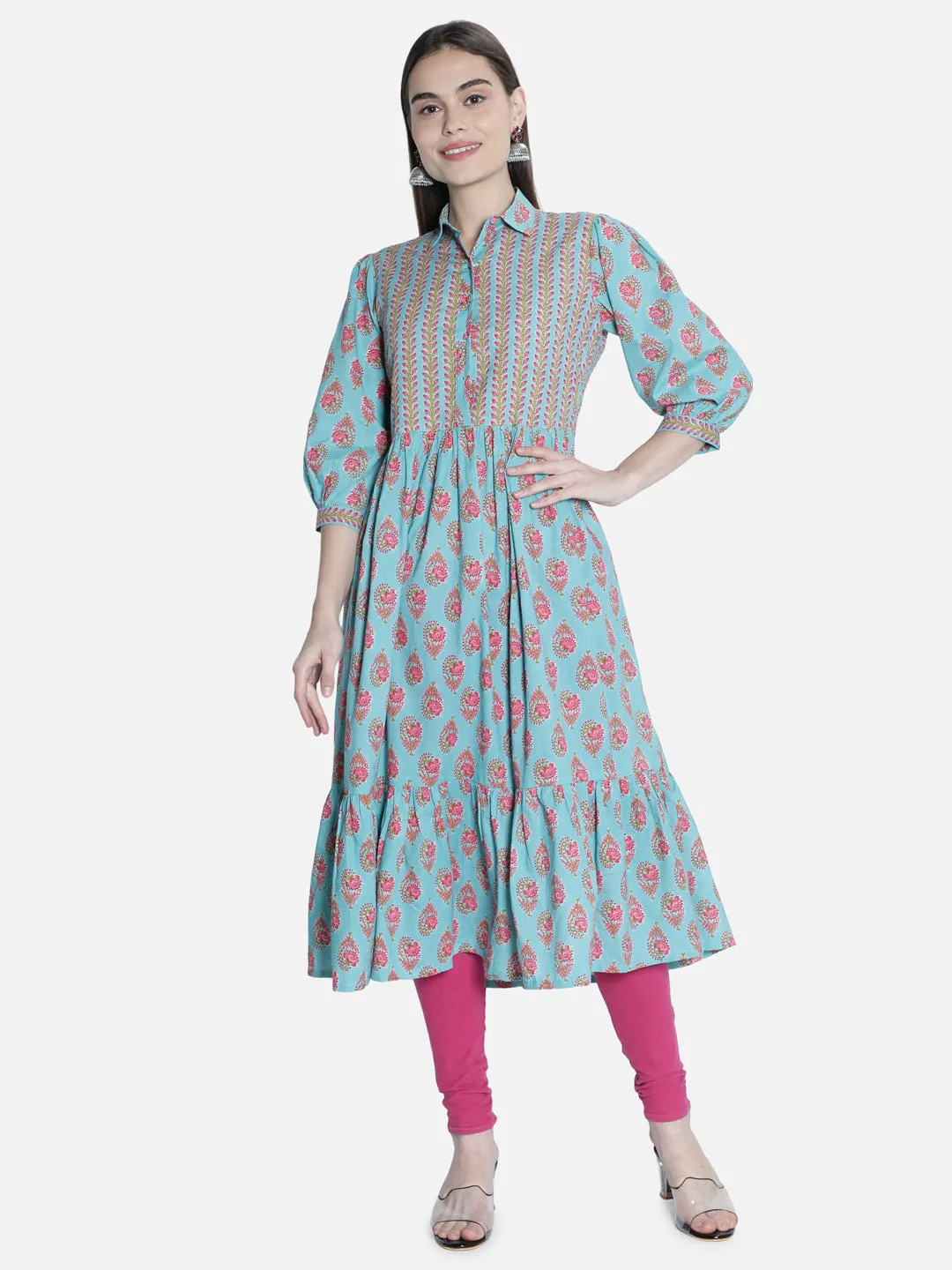 Women Blue And Pink  Printed Dress