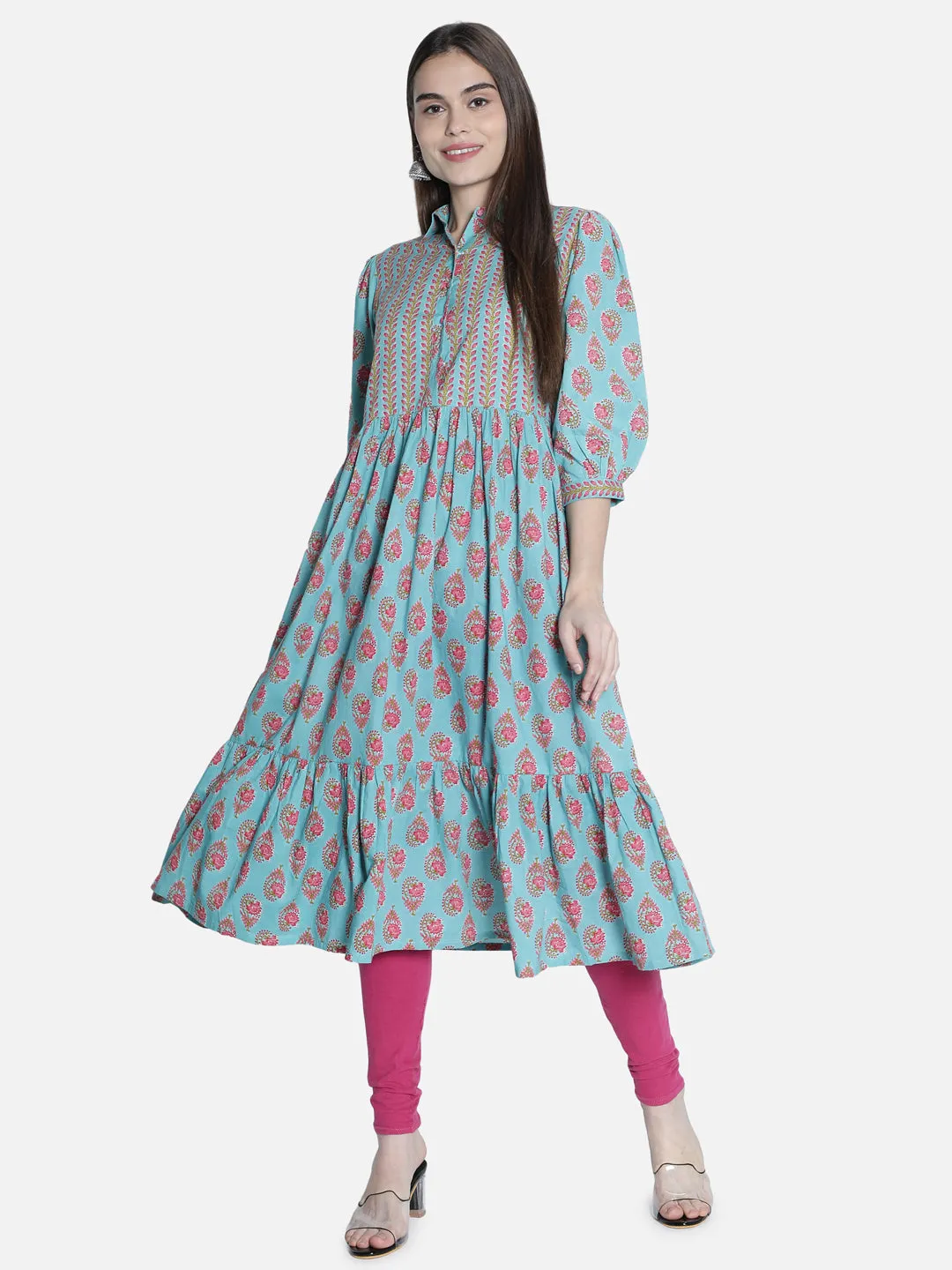 Women Blue And Pink  Printed Dress