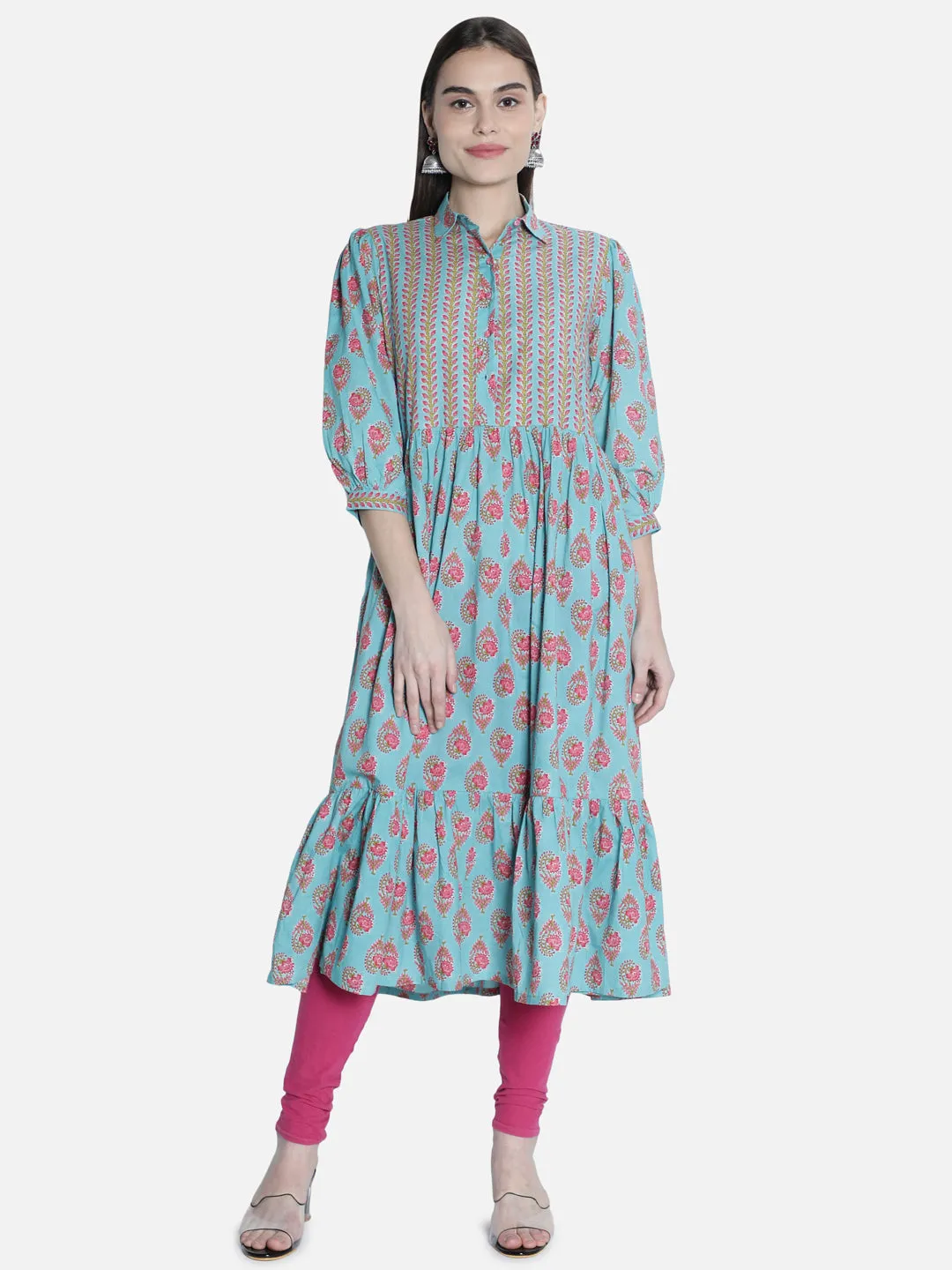 Women Blue And Pink  Printed Dress