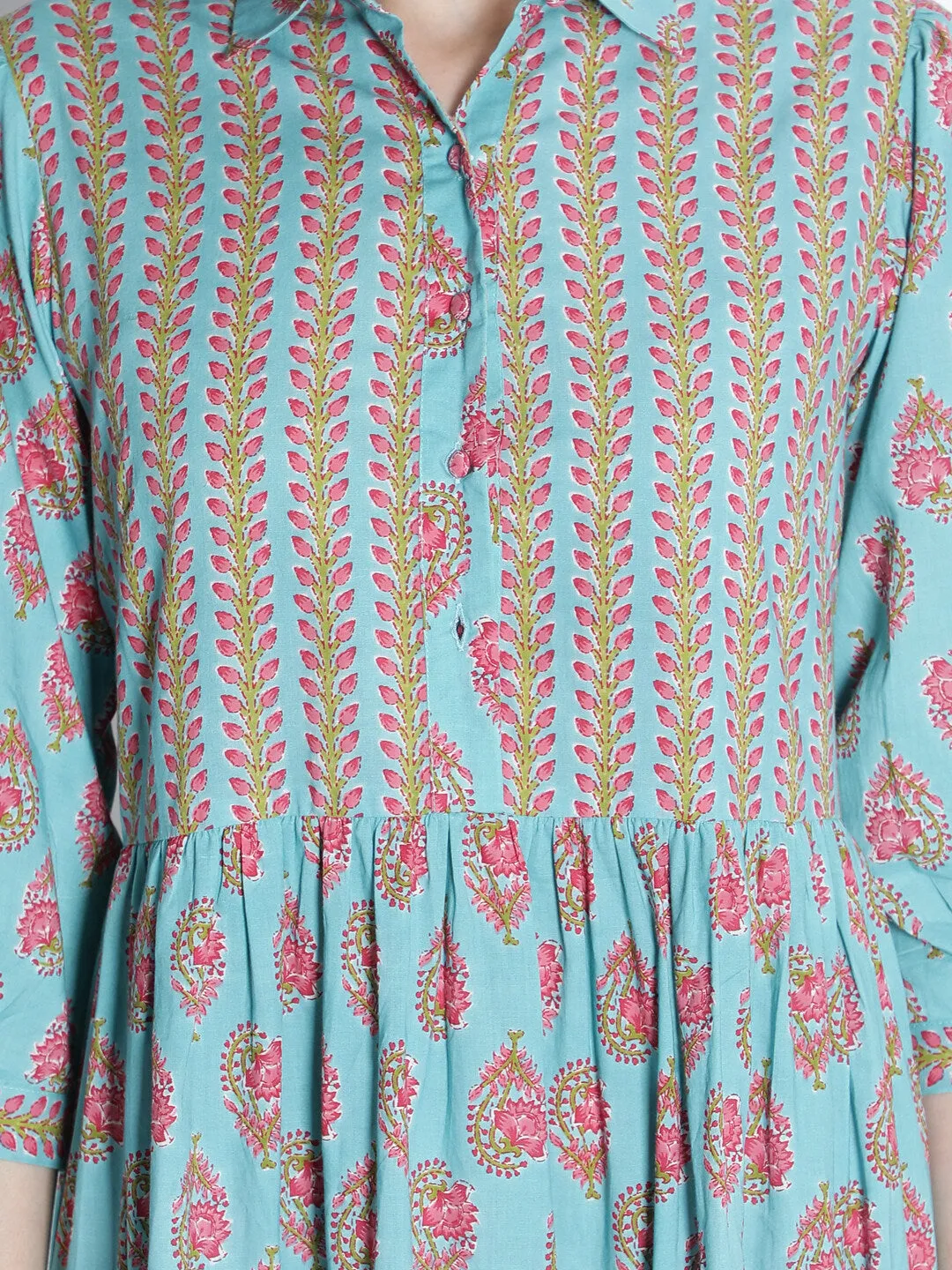 Women Blue And Pink  Printed Dress