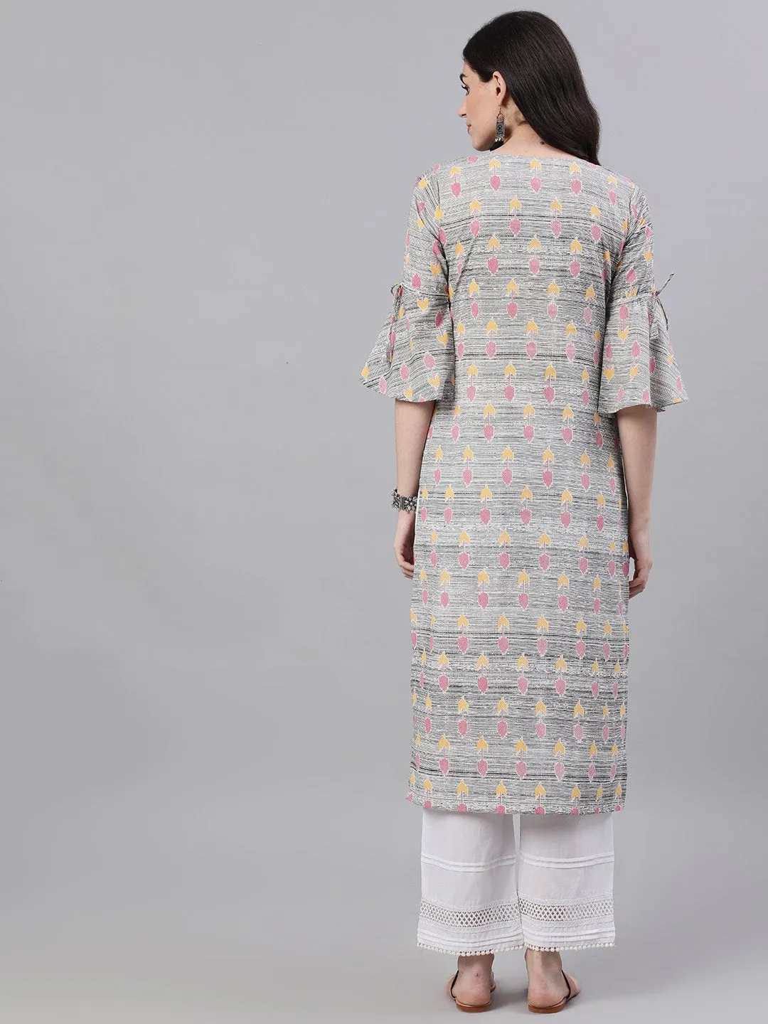Women Grey Ethnic Motifs Printed V-Neck Cotton A-Line Dress