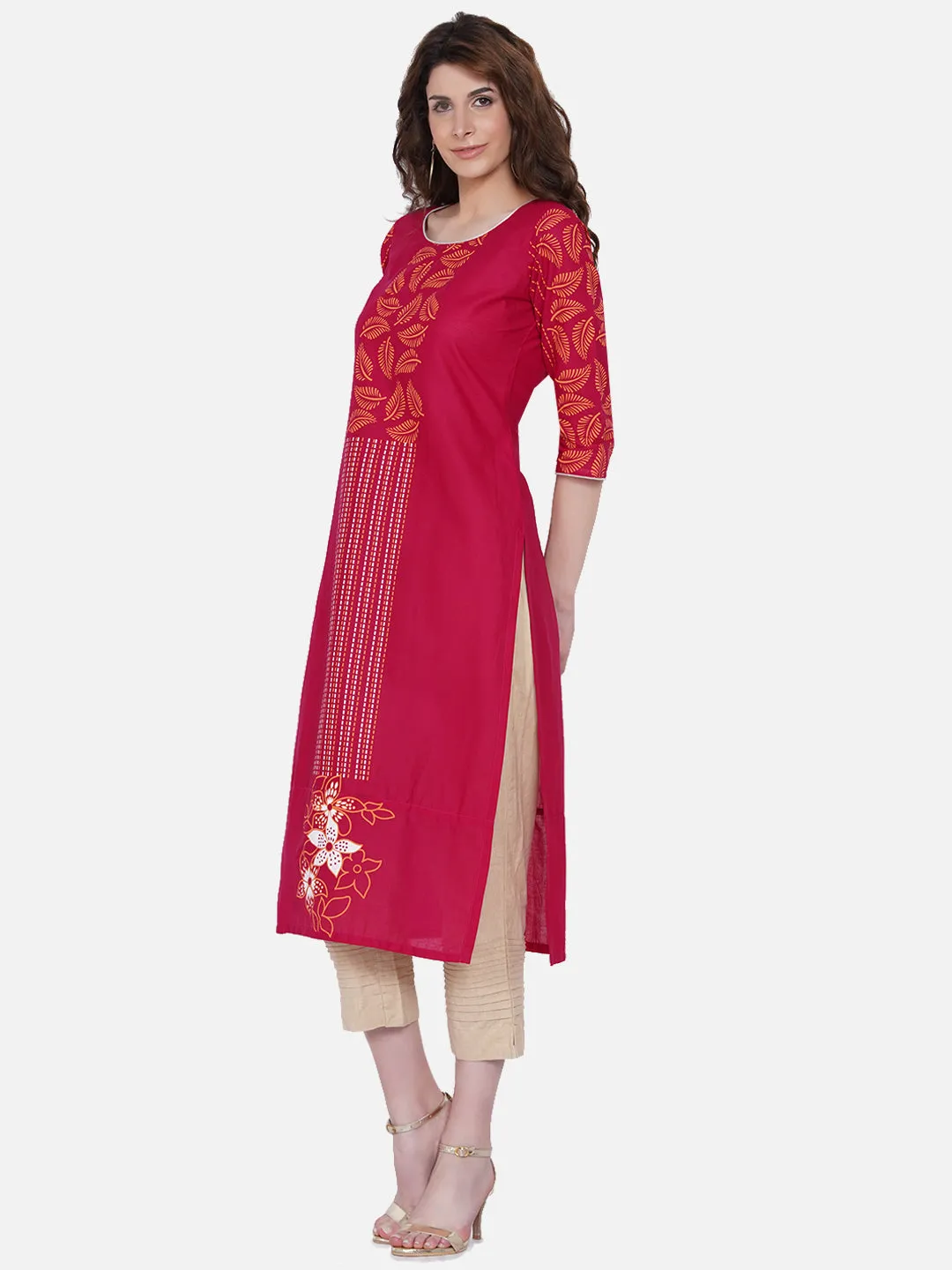 Women Magenta Ethnic Motifs Embroidered Block Print Kurta