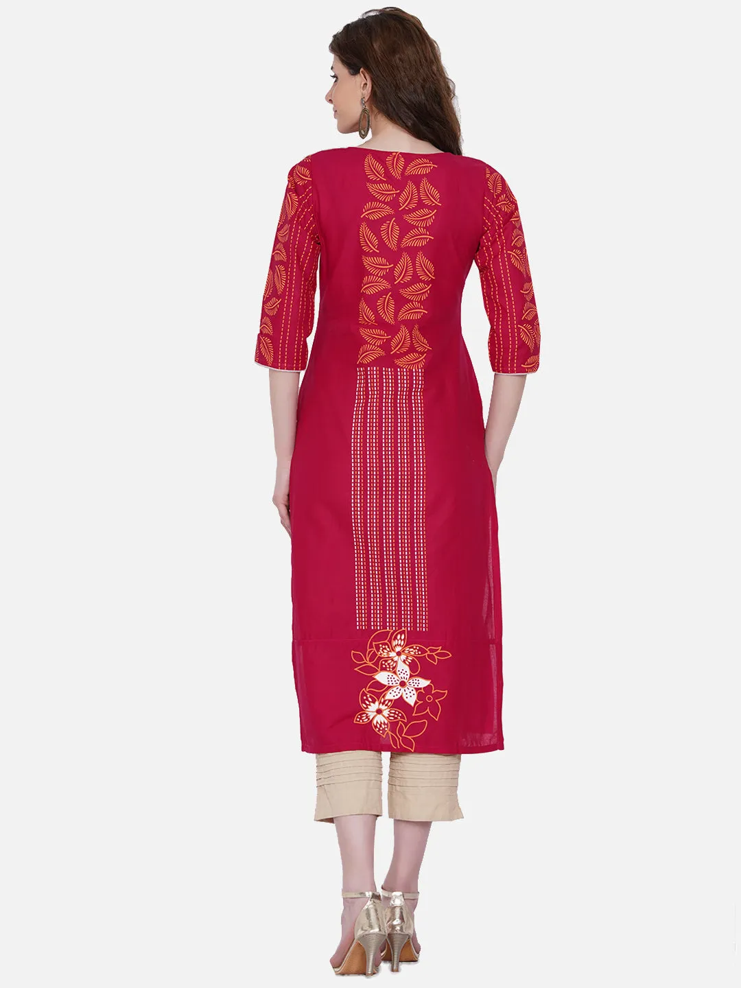Women Magenta Ethnic Motifs Embroidered Block Print Kurta