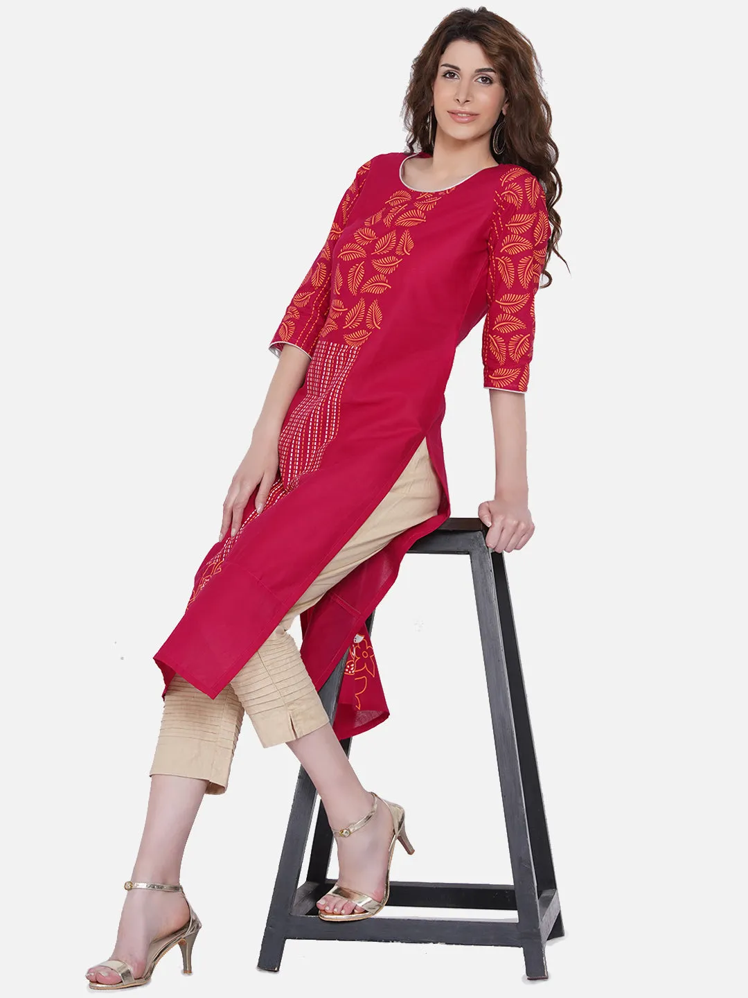 Women Magenta Ethnic Motifs Embroidered Block Print Kurta
