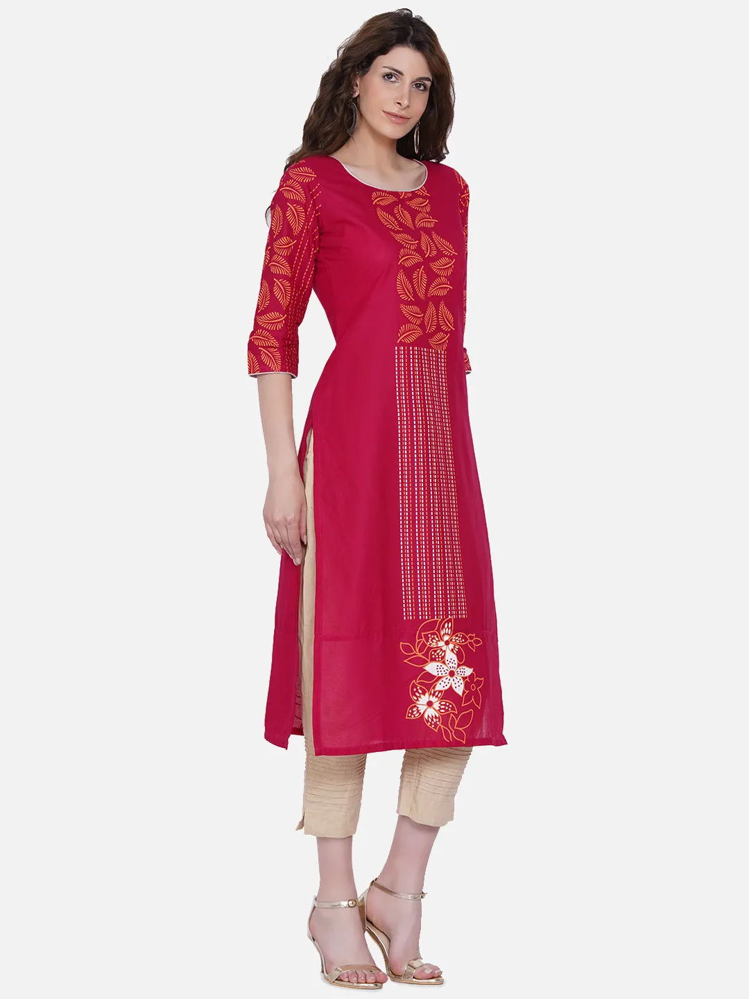 Women Magenta Ethnic Motifs Embroidered Block Print Kurta