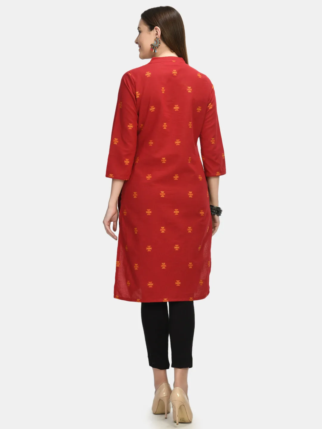 Women Red & Yellow Ethnic Motifs Printed Thread Work Kurta