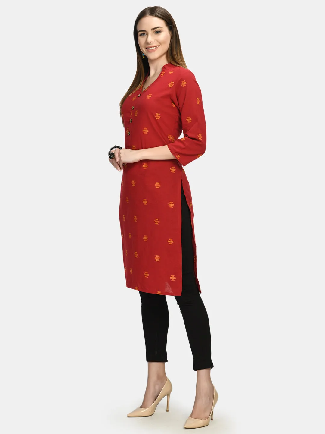 Women Red & Yellow Ethnic Motifs Printed Thread Work Kurta