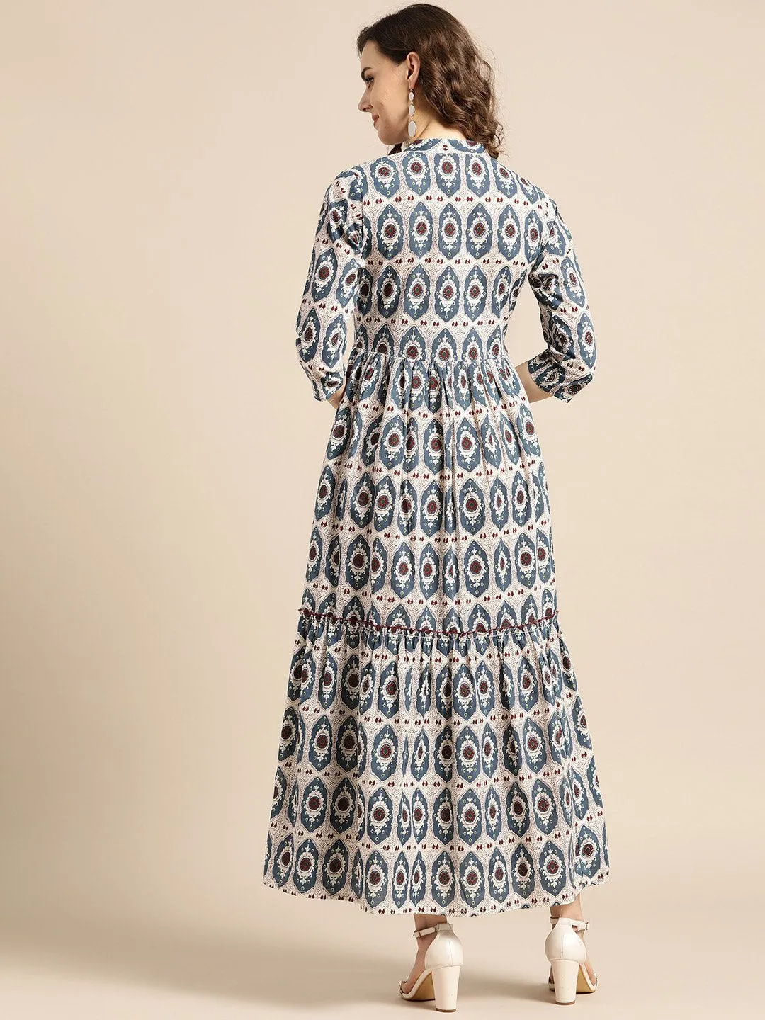 Women White Ethnic Motifs Printed Mandarin Collar Cotton Fit And Flare Dress