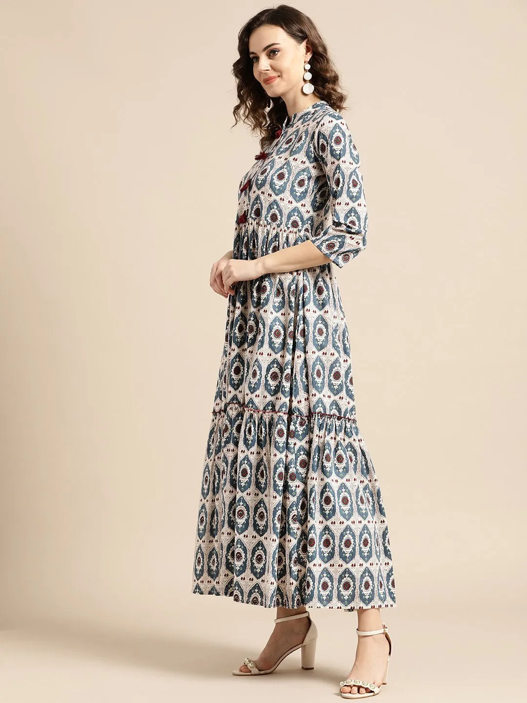 Women White Ethnic Motifs Printed Mandarin Collar Cotton Fit And Flare Dress
