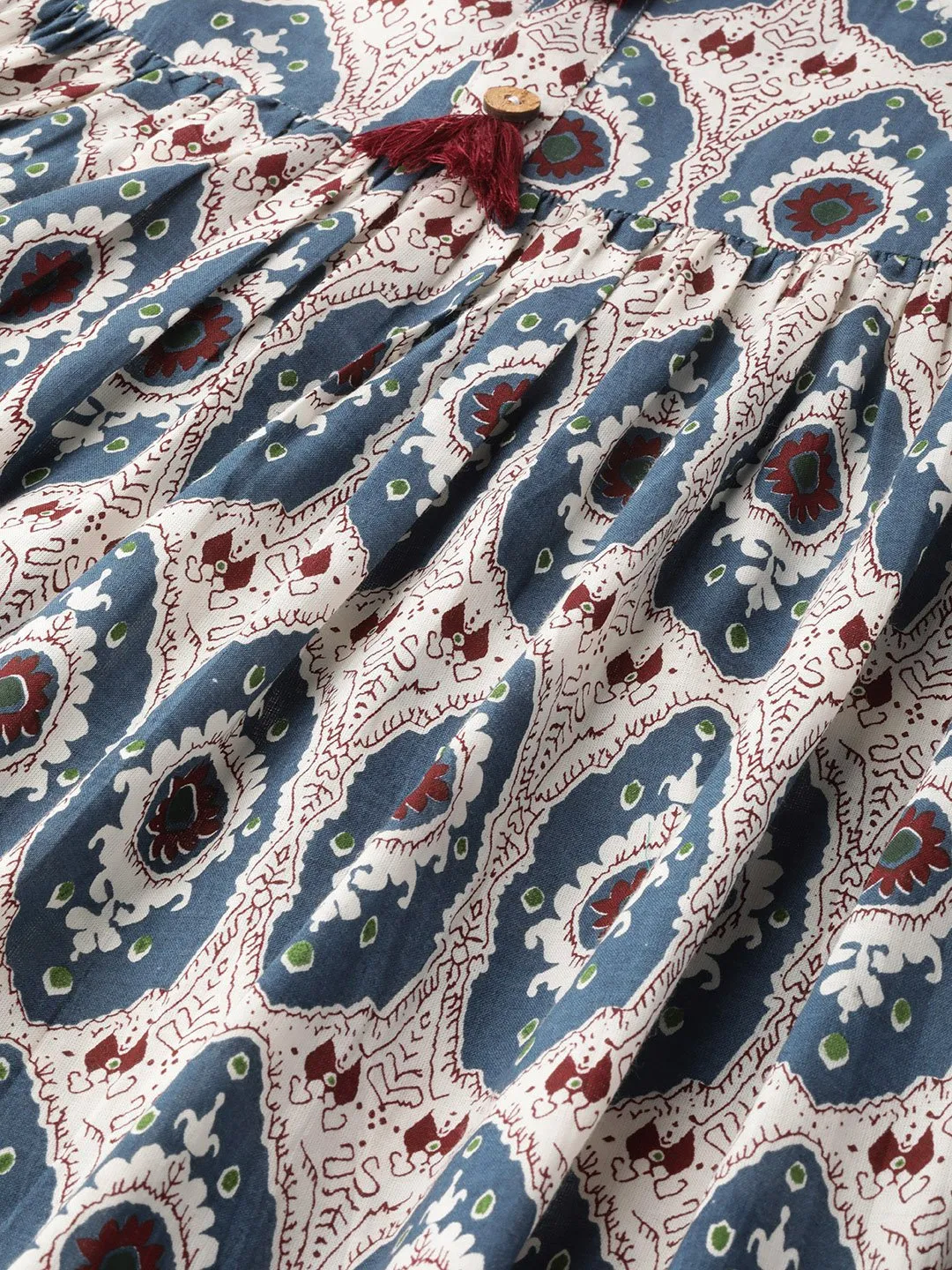 Women White Ethnic Motifs Printed Mandarin Collar Cotton Fit And Flare Dress