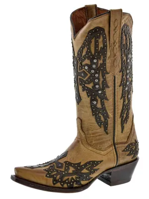 Womens Angels Light Brown Leather Cowboy Boots Studded - Snip Toe