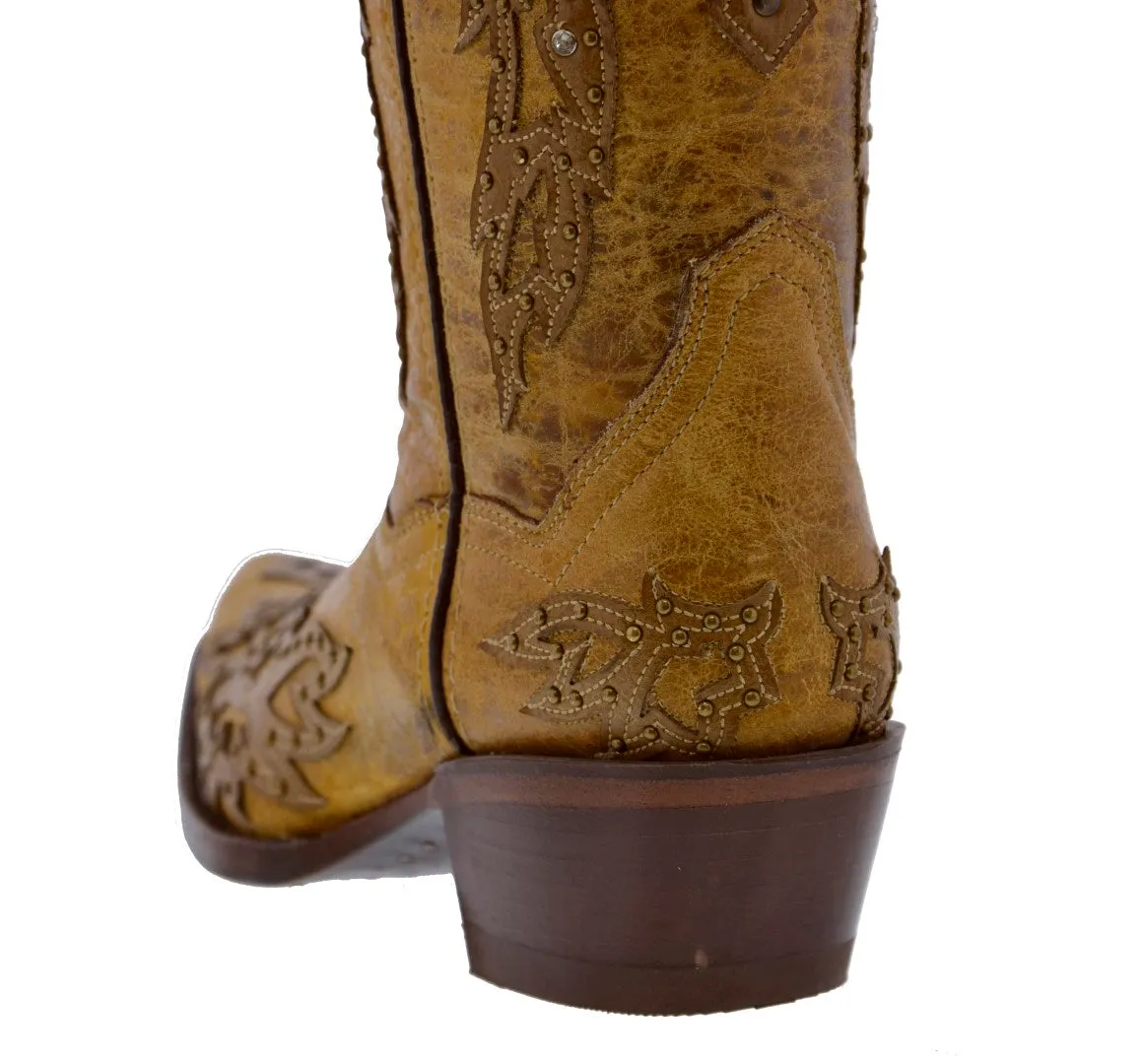 Womens Angels Sand Leather Cowboy Boots Studded Snip Toe