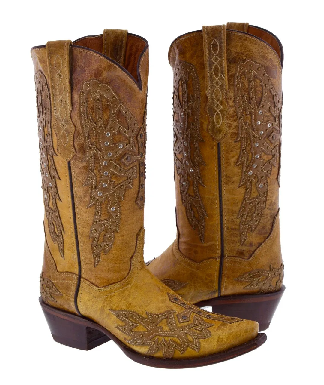 Womens Angels Sand Leather Cowboy Boots Studded Snip Toe