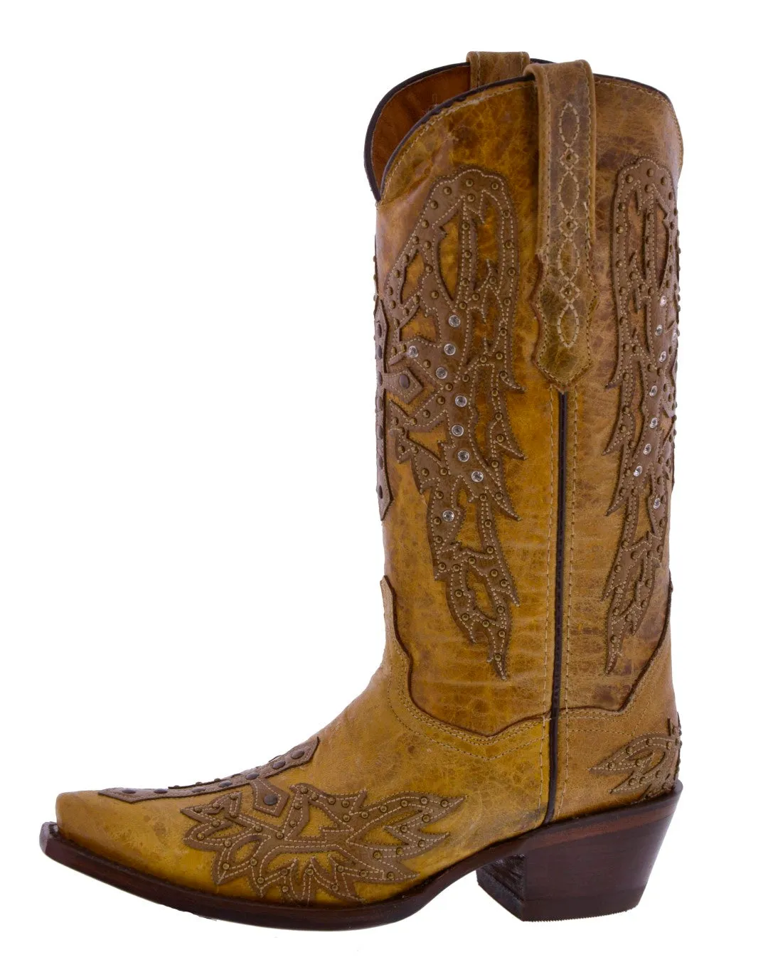 Womens Angels Sand Leather Cowboy Boots Studded Snip Toe
