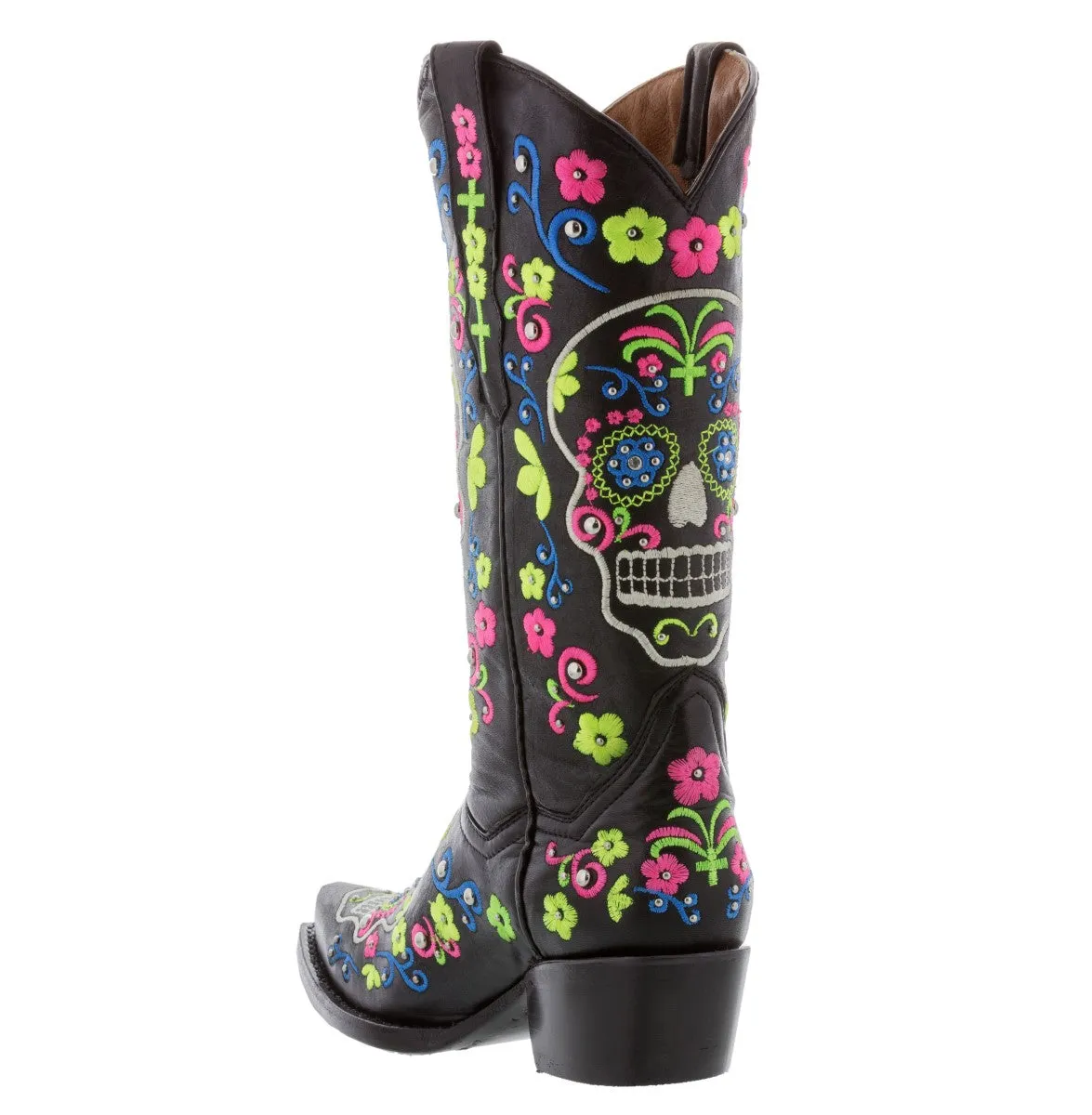 Womens Catrina Black Leather Cowboy Boots Embroidered - Snip Toe
