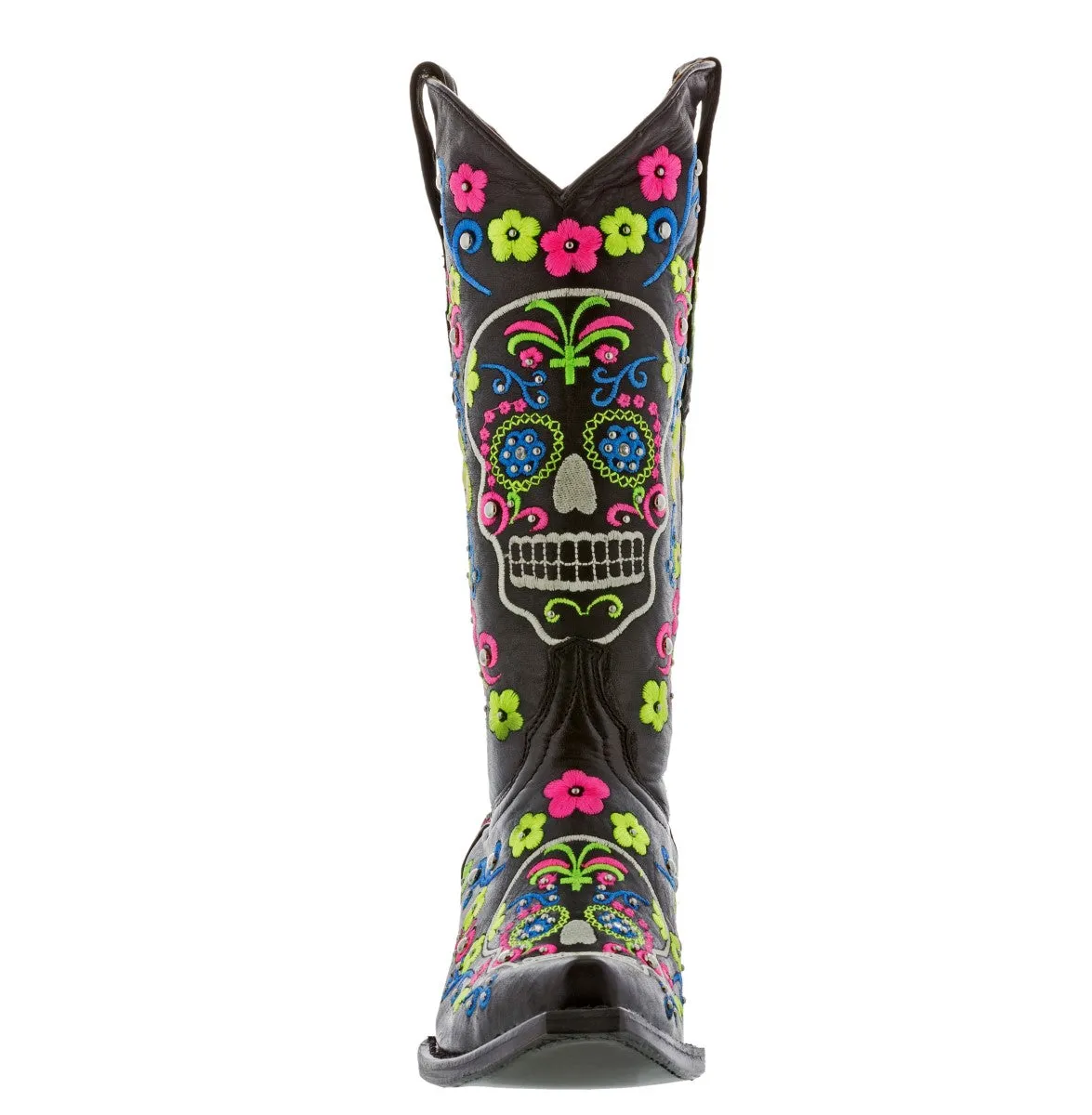 Womens Catrina Black Leather Cowboy Boots Embroidered - Snip Toe