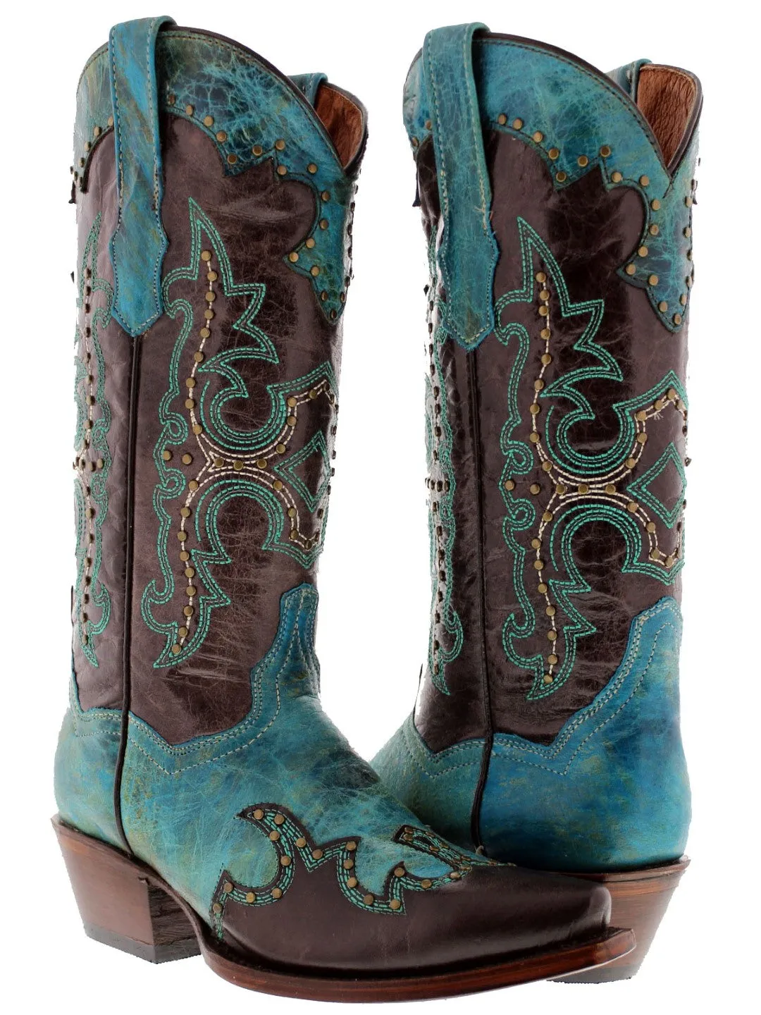 Womens Katy Baby Brown Leather Cowboy Boots Studded - Snip Toe
