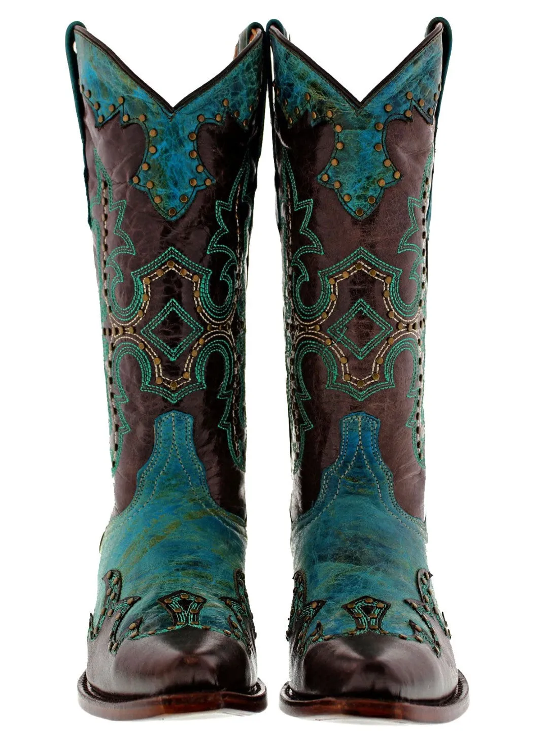 Womens Katy Baby Brown Leather Cowboy Boots Studded - Snip Toe