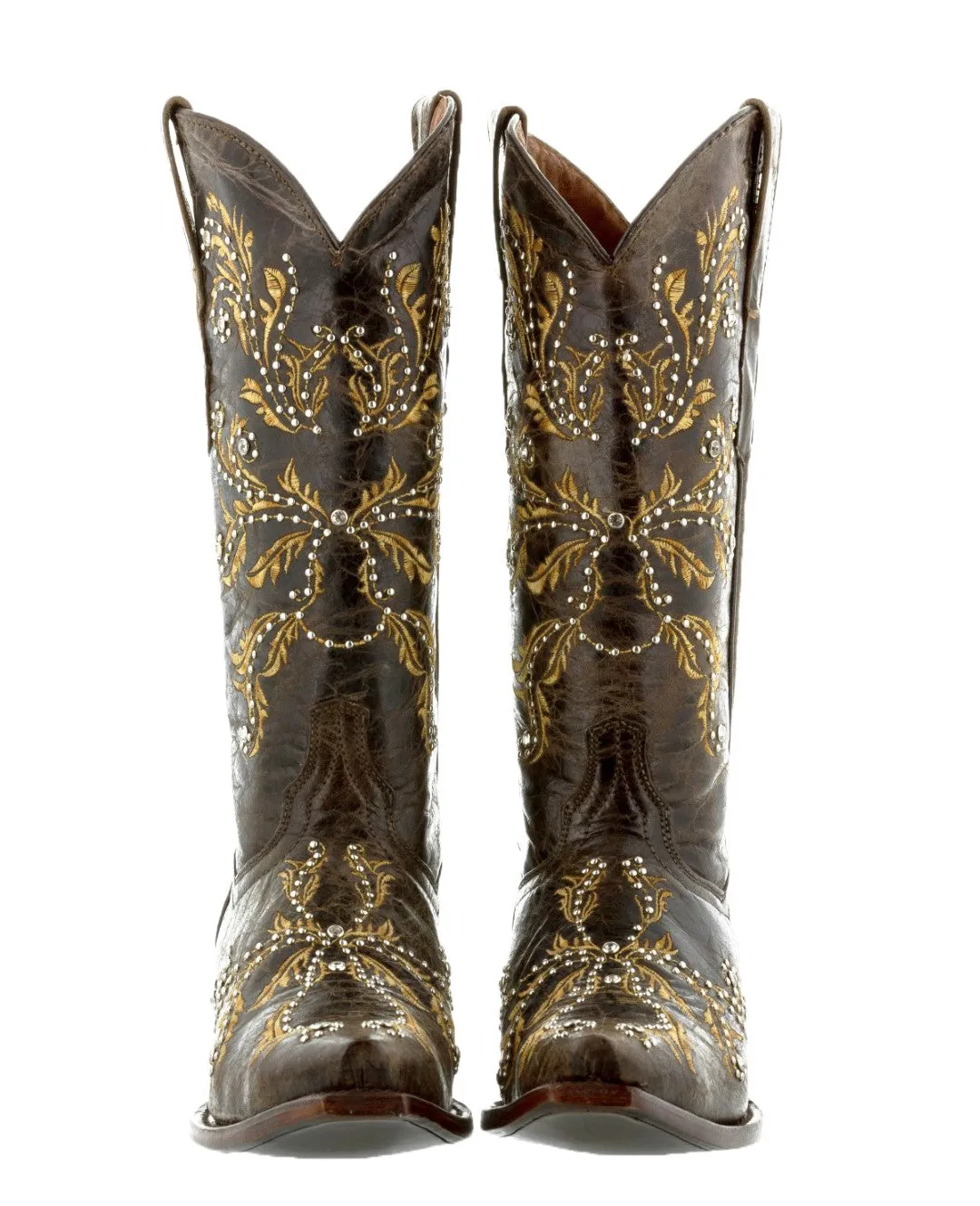 Womens Malaga Brown & Beige Leather Cowboy Boots Embroidered - Snip Toe